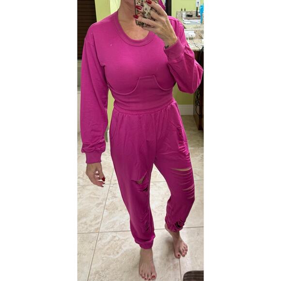 Love J Boutique NWT fuchsia hot pink sweatpants 2 piece set S distressed jogger - Picture 3 of 6